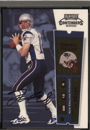 Tom Brady, 2000 Playoff Contenders Rookie Ticket Autograph, cropped to photo and autograph